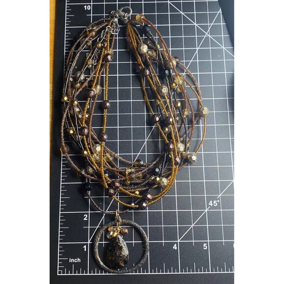 Artisan Multi Strand Beaded Necklace Boho Pendant Earth Tone Statement 16-19.5" - Picture 6 of 6